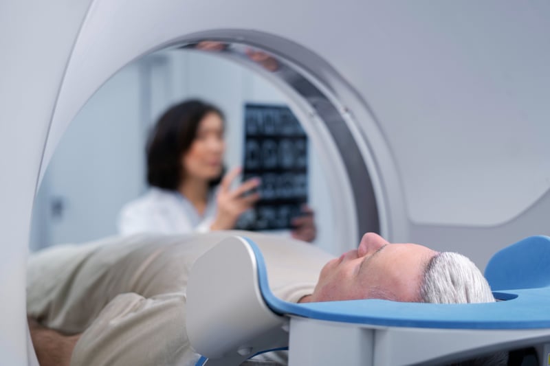 Doctor preparing patient for CT Scan